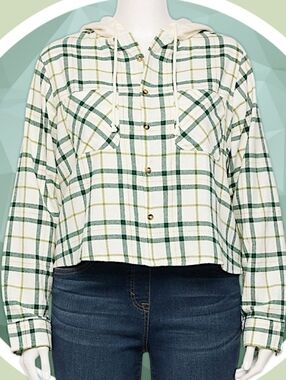 NWT 2X Plaid Button Up Hoodie w 2 Pockets & High Low Hemline